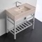 Modern Beige Travertine Design Ceramic Console Sink and Polished Chrome Base, 32